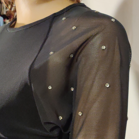 🌷Sheer Mesh Bodycon Deep Green Rhinestone Dress - Picture 3 of 6